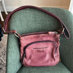 Fossil Hanover Messenger Bag pink Leather Vintage crossbody tote purse key charm